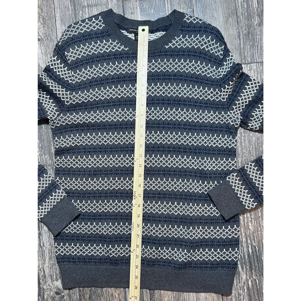 Banana Republic Mens Med‎ Crew Neck Fair Isle Knit Sweater Grey White Wool Blend